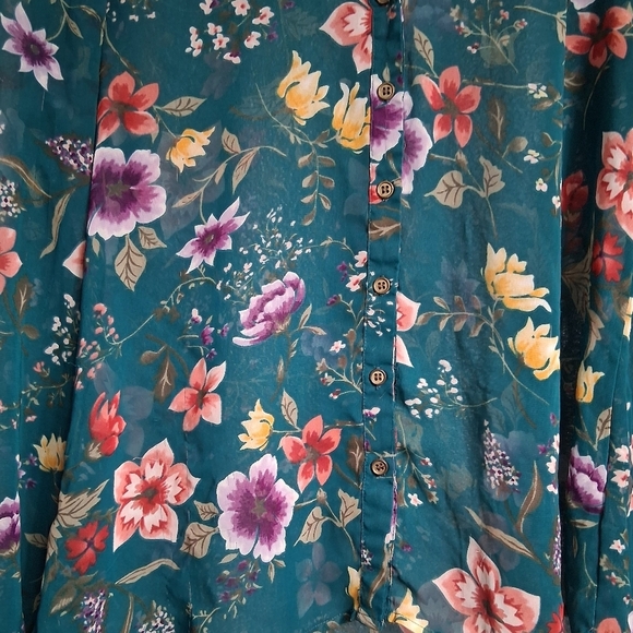 Floral Teal Button-Up Women's Top - Picture 11 of 14